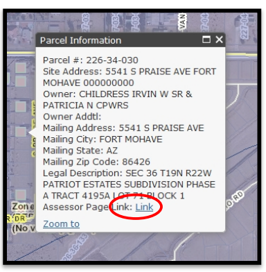 parcel information window with assessor page link circled